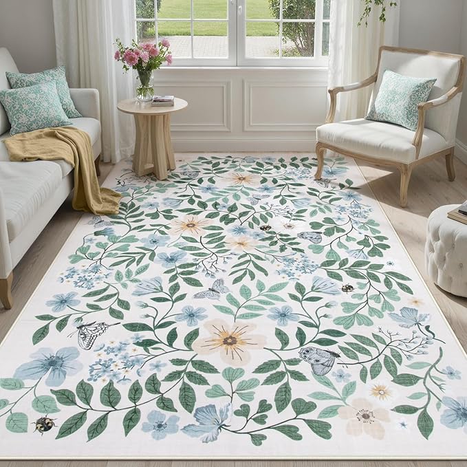 Lahome Reverie 5x7 Light Blue Rugs for Girls Room, Washable Boho Floral Rug Nursery Decor, Non-Slip Thin Carpets for Kids Bedroom, Teen Girls Retreat Nook, Dorm Room, Playroom