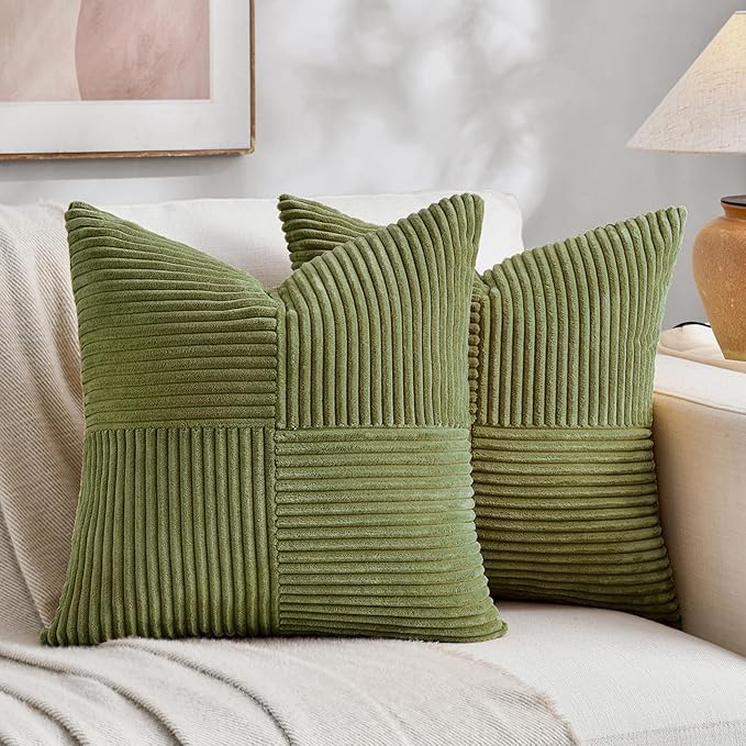 Fancy Homi 2 Packs Moss Green Decorative Throw Pillow Covers 22x22 Inch for Living Room Couch Bed Sofa, Farmhouse Boho Home Decor, Soft Corss Corduroy Patchwork Accent Square Cushion Case 55x55 cm