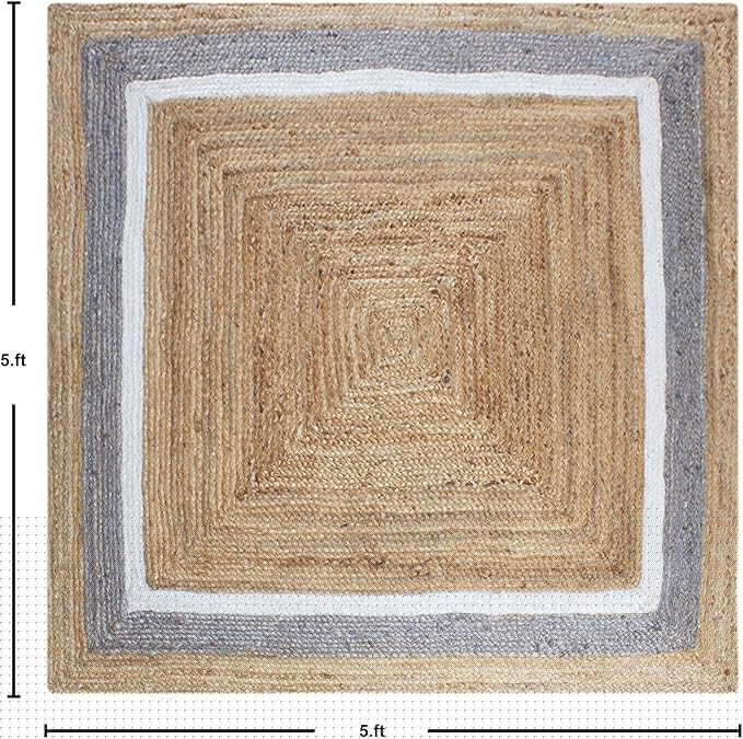 Heavy Material Hand Braided Jute 10x10 Feet Natural Jute Area Rug Beige Multi Geometric Design 0.27" Thick Handwoven Flatweave Carpet for Indoor Outdoor Use – Ideal for Bedroom, Dining Room