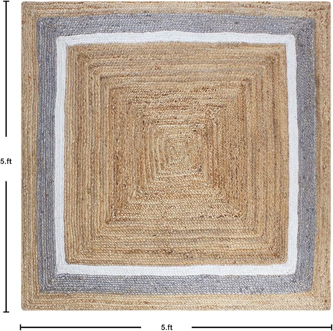 Heavy Material Hand Braided Jute 4x7 Natural Jute Beige Multi Geometric Design Hand Woven Rug Flatweave Area Carpet Indoor Outdoor Rugs for Kitchen Garden Yoga Mat