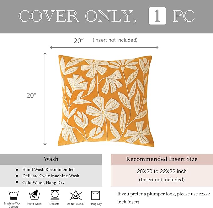 BlissBlush 20x20 Throw Pillow Cover, Mustard Yellow Square Decorative Cushion Cover for Couch Sofa, Floral Tufted Embroidered Velvet Farmhouse Accent Pillowcase (Cover Only)