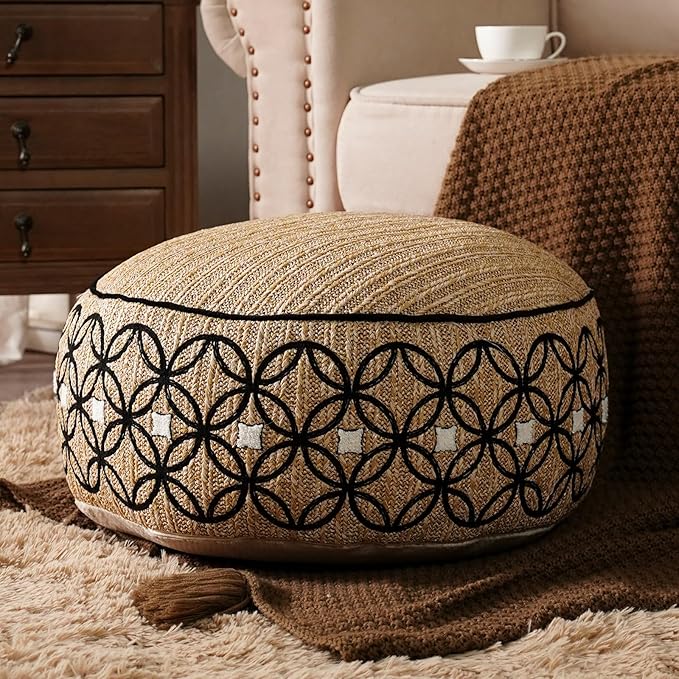 SUTAVIA Pouf Cover Ottoman Unstuffed Pouf Seat Footrest Decorative Storage Bean Bag Floor Chair for Home Decor Living Room Bedroom (Linen Decor, Round, 20" D x 20" W x 8" H)