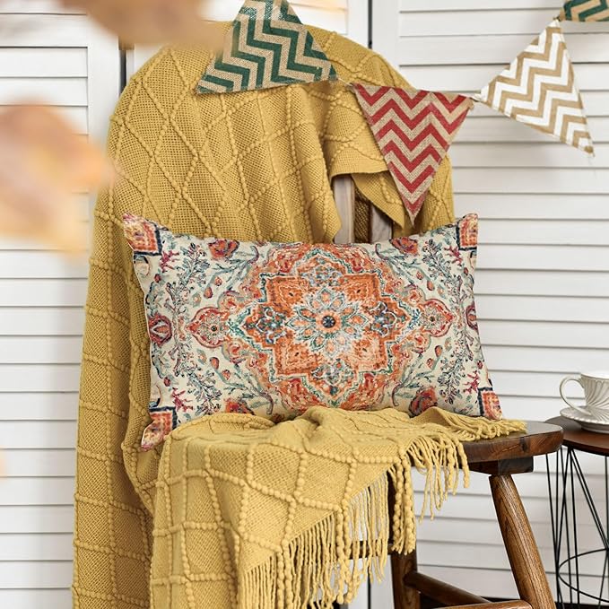 AVOIN colorlife Boho Throw Pillow Cover, 12 x 20 Inch Bohemia Ethnic Style Carpet Pattern Cushion Case for Sofa Couch
