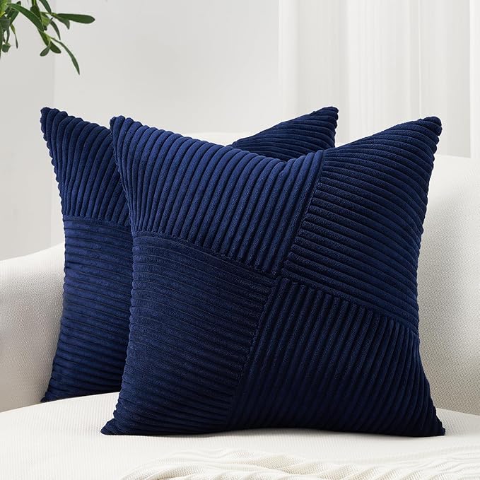 Topfinel Blue Decorative Throw Pillow Covers 12x12 Inch Cute Boho Stripe Soft Corduroy Modern Farmhouse Spring Home Decor 2 Packs Pillow Covers for Sofa Living Room Couch Bed 30x30 cm