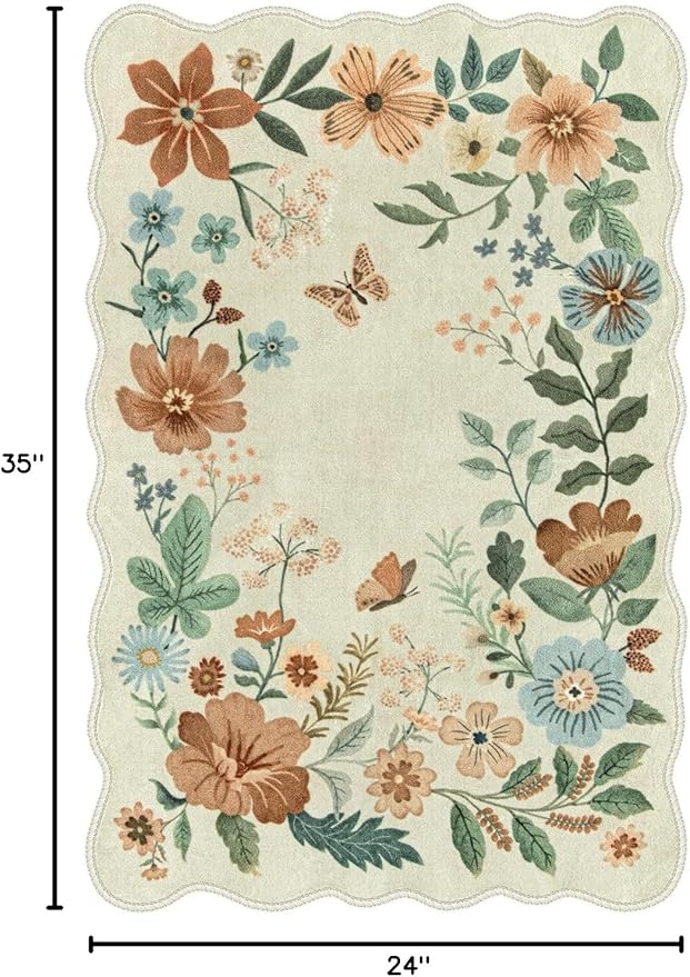 Lahome Floral Small Rug, 2X3 Kitchen Rugs Non Slip Washable Rug Ultra-Thin, Soft Front Door Mat Indoor Entrance Stain Resistant Boho Low-Pile Entry Carpet for Bathroom Bedroom Flore (2x3ft,Beige)