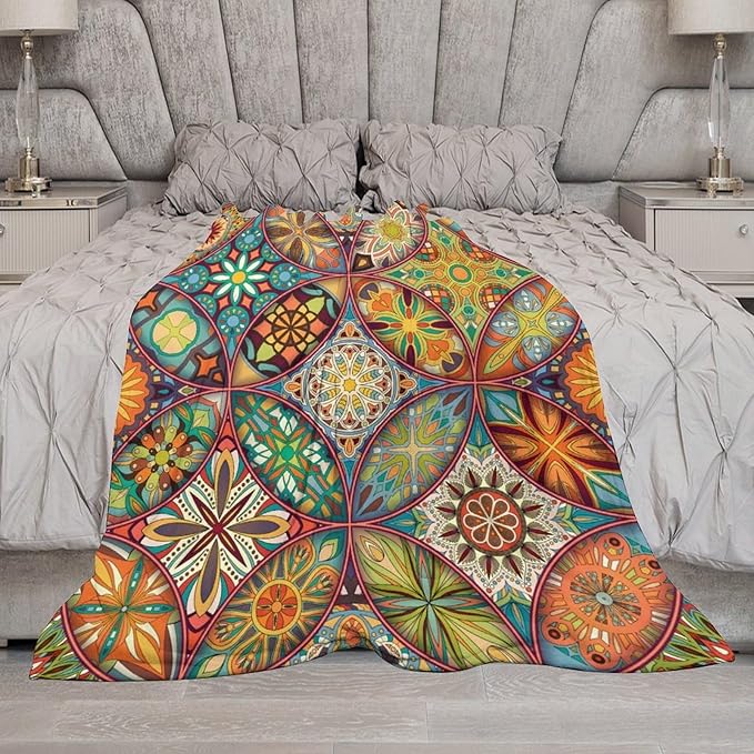 Boho Floral Throw Blanket Colorful Mandala Bohemian Indian Hippie Vintage Blanket for Sofa Bed Couch Chair or Dorm 40"x50"