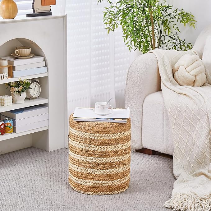 Wimarsbon 2Pcs Pouf Ottomans, Natural Seagrass Foot Stool, Hand Weaving Round Ottoman, Boho Decorative Seat, Jute Braided Pouffe Poof Accent Sitting Footrest for Living Room (Water Hyacinth-White)