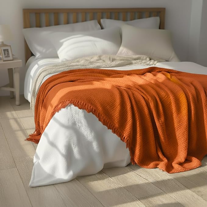KyraHome Muslin Throw Blankets for Adults, Kid, 50"x60",100% Cotton Plant Dyed, Breathable, Lightweight Gauze Soft Cotton Blanket for Couch, All Season (Terracotta/Rust Orange)