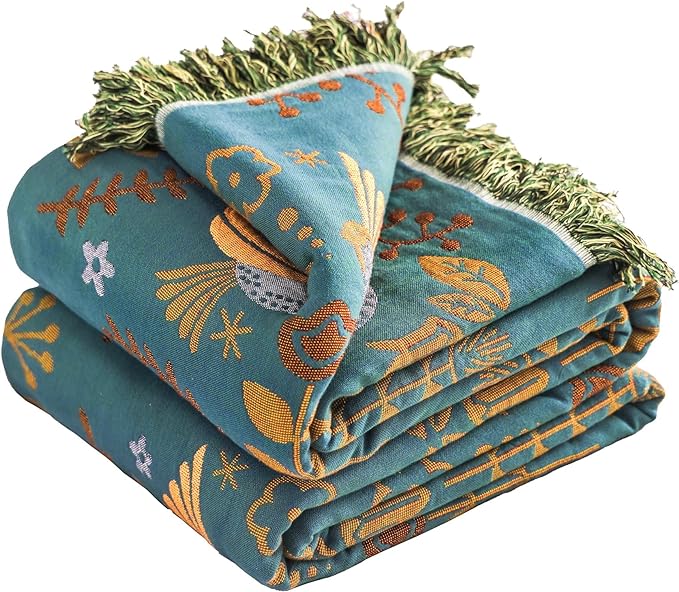 Boho Sofa Bed Large Throw Blanket, Ultra Soft Luxury King Throw Quilt, 100% Organic Cotton Reversible Bohemian Throw for Couch Chair Bedspread and Gift, 91" x 98"-Teal