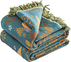 Boho Sofa Bed Large Throw Blanket, Ultra Soft Luxury King Throw Quilt, 100% Organic Cotton Reversible Bohemian Throw for Couch Chair Bedspread and Gift, 91" x 98"-Teal