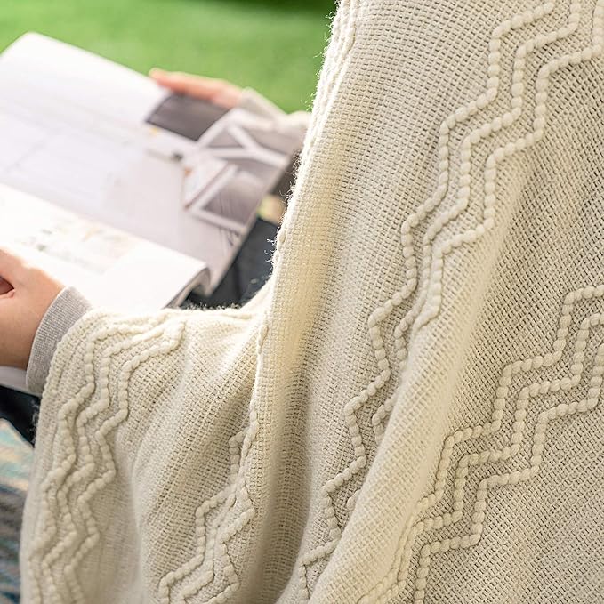MIULEE Knitted Beige Throw Blanket Soft Sofa Knit Blanket for Couch 50 x 60 Inches, Solid Cozy Lightweight Wave Pattern Decorative Blankets with Tassels for Women, Kids