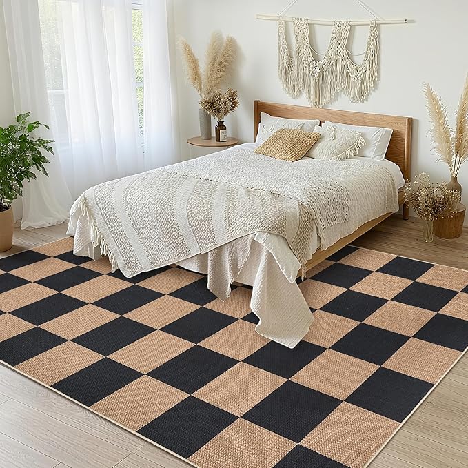 GarveeHome Checkered Easy Jute 3x5 Entryway Rug Machine Washable Outdoor Patio Rug Non-Slip Backing Checkerboard Black Tan Indoor Outdoor Carpet for Hallway Bathroom Kitchen Bedroom