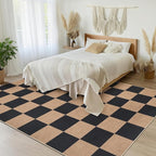 GarveeHome Checkered Easy Jute 3x5 Entryway Rug Machine Washable Outdoor Patio Rug Non-Slip Backing Checkerboard Black Tan Indoor Outdoor Carpet for Hallway Bathroom Kitchen Bedroom