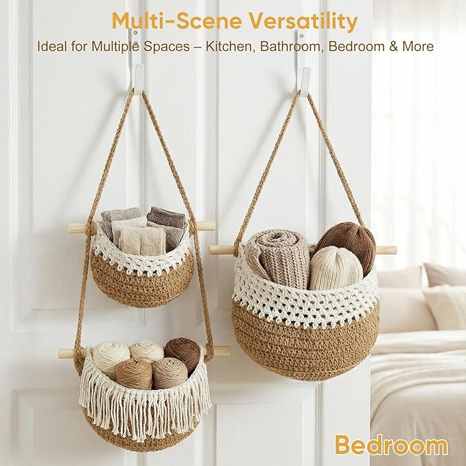 Boho Style Handwoven Rope Hanging Basket - 3-Tier Detachable Storage Organizer for Kitchen/Bathroom/Entryway, 3 Included Heavy-Duty Hooks, 7 Color Options Available (Gold)