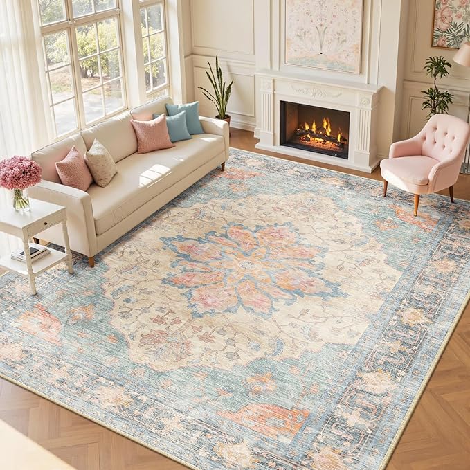 Area Rugs 9'x12' Washable Non-Slip, Floral Vintage Distress Print Pattern Medallion Carpet for Living Room Bedroom Dining Room, Blue Orange Red