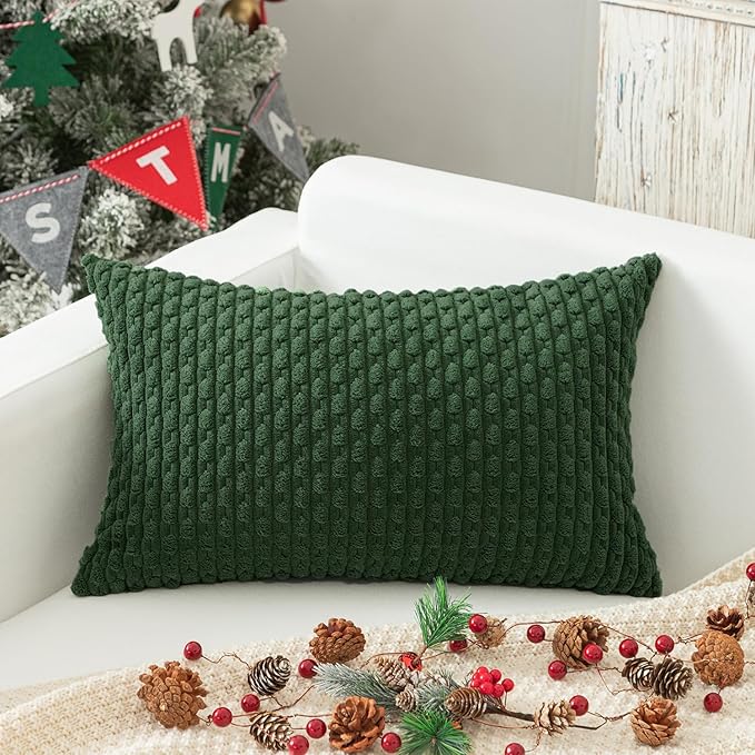 Kevin Textile 12x24 Inch Pillow Cover 1 Pack Boho Christmas Decorative Soft Striped Corduroy Lumbar Farmhouse Color Accent Rectangle Cushion Case for Living Room Couch Sofa Bed, Dark Green
