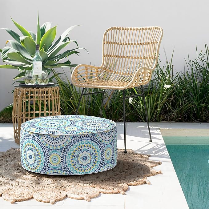 Indoor/Outdoor Inflatable Ottoman D21 x H9 inch, Round Footstool Inflatable Foot Rest Ottoman with Handle, Portable Ottomans Pouf for Patio, Garden, Camping, Home, Delancey Lagoon