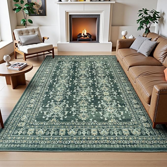 Lessymo 9x12 Area Rugs for Living Room, Machine Washable Non Slip Large Rug, Soft Low Pile Carpet for Bedroom Dining Office, Vintage Dark Green Distressed Floral Floor Decor