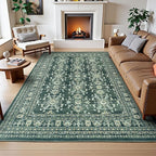 Lessymo 9x12 Area Rugs for Living Room, Machine Washable Non Slip Large Rug, Soft Low Pile Carpet for Bedroom Dining Office, Vintage Dark Green Distressed Floral Floor Decor