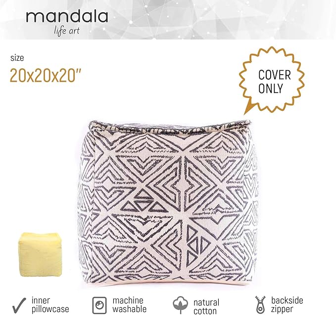 Mandala Life ART Pouf Ottoman - 20x20x20 - Foot Rest Stool White Cube