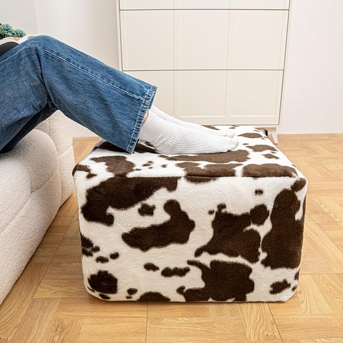 20x20x14 Inches Fluffy Square Pouf Ottoman - Plush Furry Boneless Ottoman Foot Rest Stool with High-Density Foam, Versatile Floor Seating for Living Room (Coffee Cow Print)