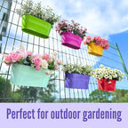 LaLaGreen Outdoor Hanging Planter (11.2 Inch, 6 Pack) Light Blue, Neon Pink, Dark Purple, Yellow, Red Metal Iron Window Box Flower Pot Deck Railings Fence Buckets Modern Boho Style Home Garden Decor
