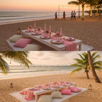 91 x 71 Extra Large Outdoor Boho Picnic Blanket with Pink Table Runner, 6 Throw Pillow Covers 6 Napkins Woven Cotton Yarn Oversize Beach Blanket Washable Picnic Camp Wedding