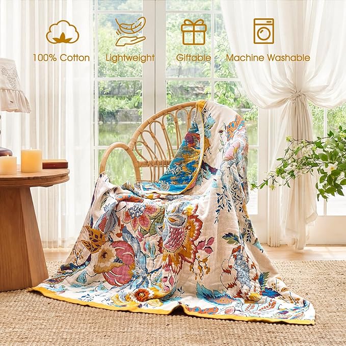 Boho Throw Blanket - 50"x60" 100% Cotton Ultra Soft Lightweight Spring Blanket, 4-Layer Breathable Muslin Blankets for Bed Couch, Reversible Green Floral Butterfly Printed Bohemian Cotton Quilt
