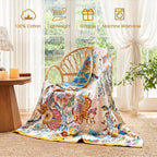 Boho Throw Blanket - 90"x90" 100% Cotton Ultra Soft Lightweight Spring Blanket, 4-Layer Breathable Muslin Blankets for Bed Couch, Reversible Green Floral Butterfly Printed Bohemian Cotton Quilt