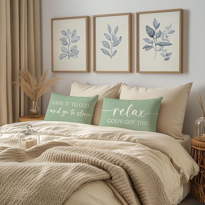 Farmhouse Sage Green Pillow Covers 12x20 Inch Set of 2 – Christian Lumbar Decorative Throw Pillowcase – Give It to God and Go to Sleep/Relax God’s Got This – Faith Decor for Home