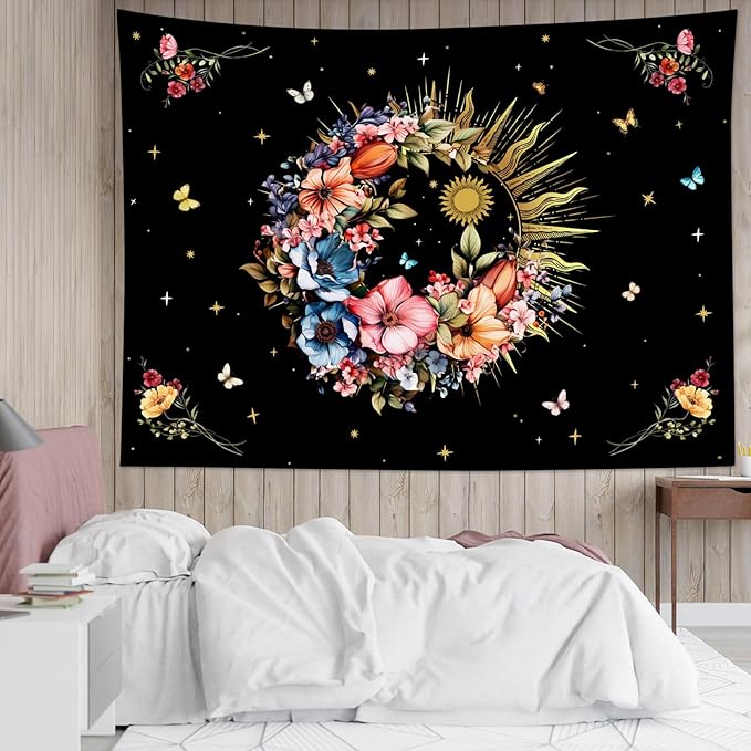 EOBTAIN Pink Flower Tapestry Colorful Floral Plant and Butterfly on Black Tapestries for Bedroom Aesthetic Vintage Botanical Tapestry Wall Hanging Decor for Living Room College Dorm 92"x70"
