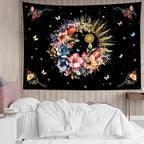 EOBTAIN Pink Flower Tapestry Colorful Floral Plant and Butterfly on Black Tapestries for Bedroom Aesthetic Vintage Botanical Tapestry Wall Hanging Decor for Living Room College Dorm 92"x70"