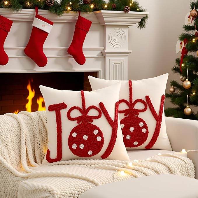 Tosleo Christmas Tufted Pillow Covers 18 x 18 inch Set of 2 Red Xmas Joy Throw Pillow Cover Xmas Party Decor Winter Holiday Embroidery Cushion Case for Sofa Couch Bed Living Room