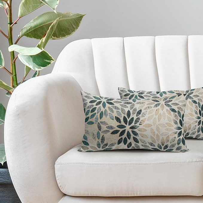 Kawani Teal Dahlia Lumbar Pillow Covers 12X20 Inch Turquoise Geometric Flower Decorative Pillow Cases Set of 2 Beige Tan Gray Floral Throw Pillows for Cushion Sofa Couch Farmhouse Outdoor