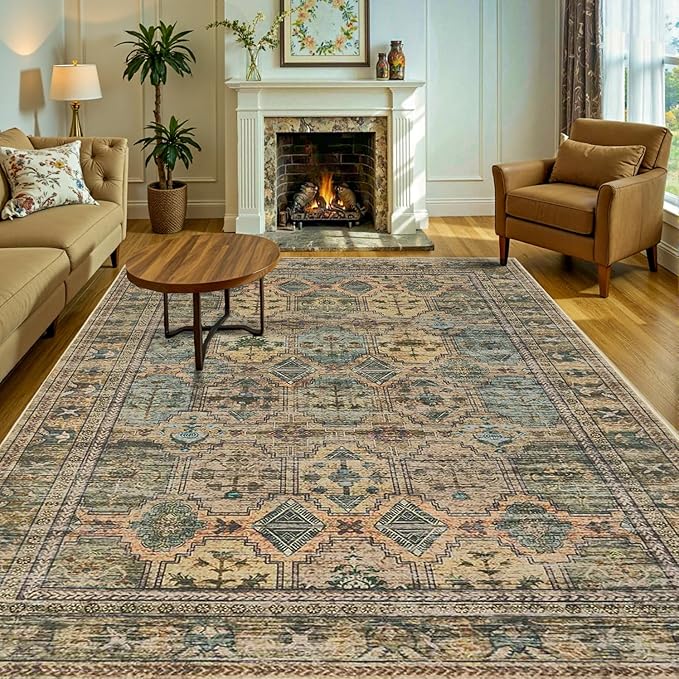 8x10 Area Rugs for Living Room Bedroom, Large Washable Rug, Brown Vintage Retro Boho Rug, Non Slip & Low Pile Faux Wool Thin Carpet for Indoor Dining Room and Kids Room(Brown 8x10ft)