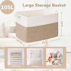 Goodpick Large Woven Blanket Basket 105L, 25"x16"x16" Cotton Rope Organizer for Toys, Dirty Clothes, Extra Large Rectangle Storage Basket for Living Room, Bedroom, White & Brown