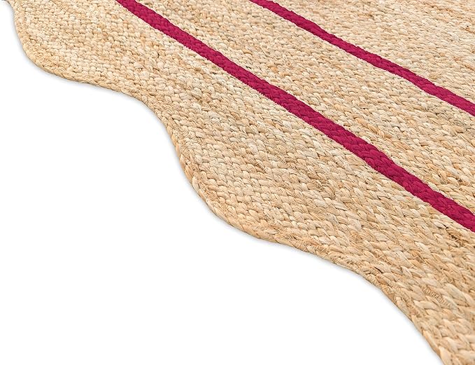 Wave Scalloped Natural Jute Runner, Dark Pink (5'x8'): Boho Farmhouse Entryway Scallop Rug