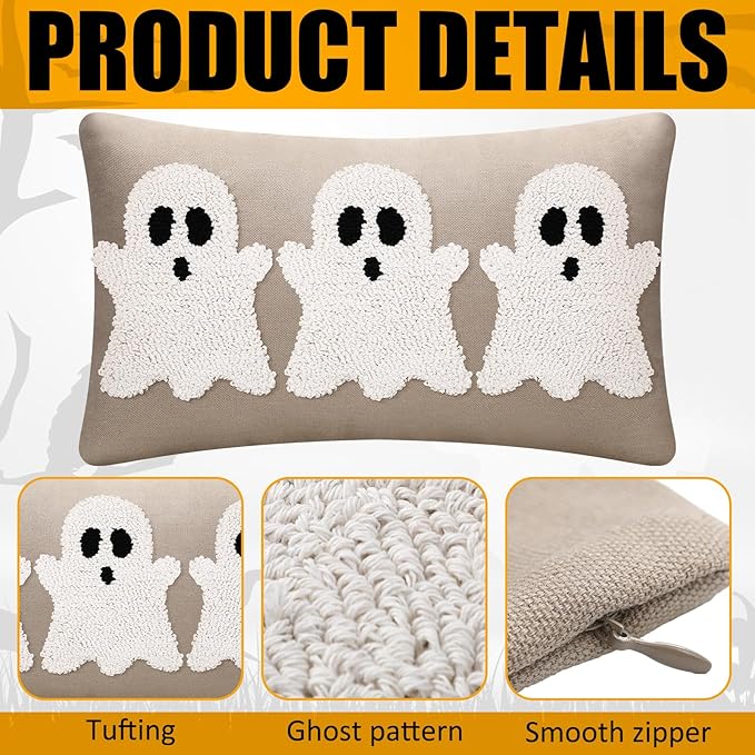 Mixweer Halloween Ghost Embroidery Decorative Pillow Covers 12 x 20 Inch, 3D Neutral Tufted Embroidery Spooky Ghost Cushion Pillow Case for Couch Home Living Room Bed Decor