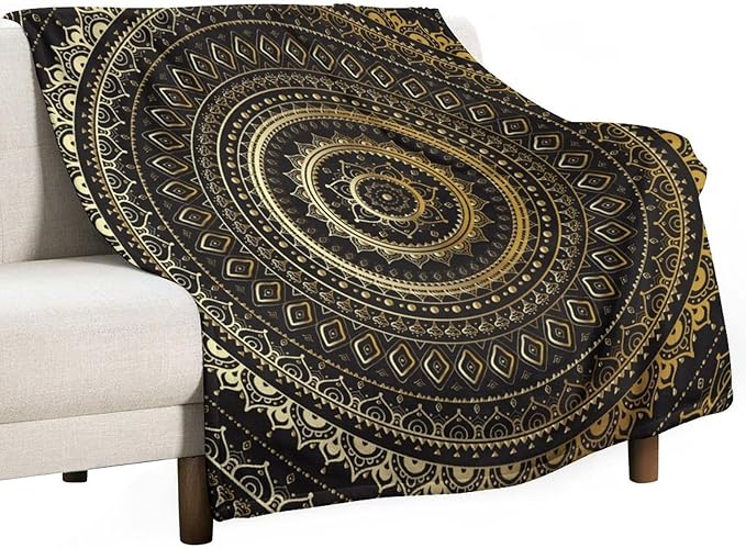 Black Gold Mandala Throw Blanket Boho Indian Hippie Vintage Abstract Bohemian Flower Blanket for Sofa Bed Couch Chair Or Dorm 30"x40"