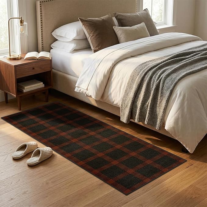 2x6 Front Door Runner for Indoor Entryway - Retro Buffalo Plaid Front Door Mat Indoor Entrance, Non Slip Washable Rug for Kitchen, Bedroom, Washable Easy Jute Red and Black Fall & Holiday Decor