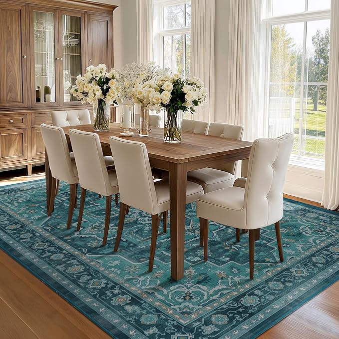 8x10 Teal Medallion Rugs for Living Room, Vintage Classic Washable Large Rug for Bedroom Under Bed, Vibrant Boho Low Pile Thin Soft Carpet Rugs for Dining Room Office