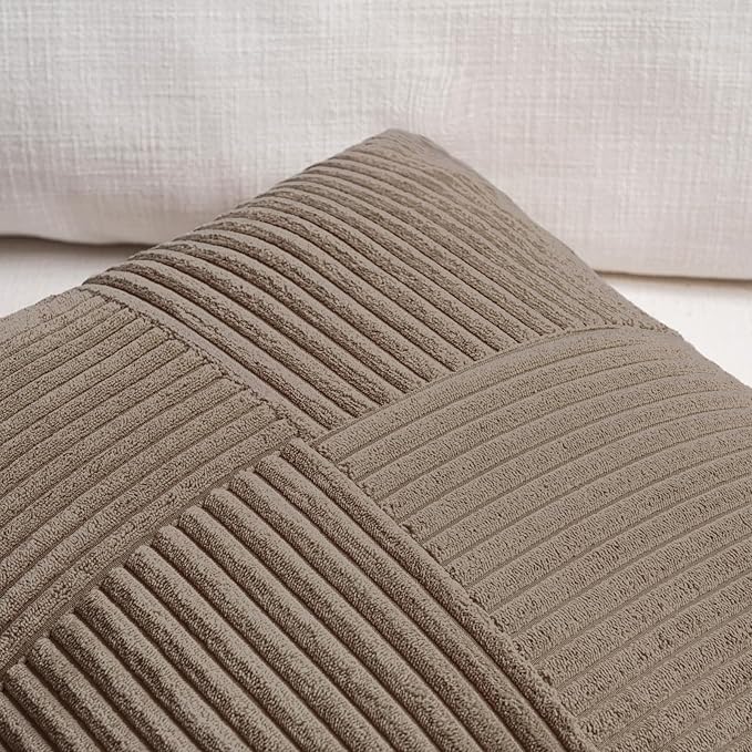 Fancy Homi Set of 2, Light Brown Patchwork Corduroy Decorative Soft Striped Modern Accent Cushion Case Farmhouse Boho Neutral Throw Pillow Covers for Chair Couch Bed Sofa Living Room 26x26 Inch