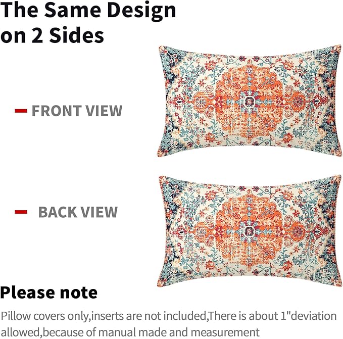 Orange Blue Ethnic Boho Lumbar Pillow Covers 12x20 Inch Bohemian Carpet Vintage Rust Coral Floral Pillow Cases for Couch Farmhouse Rectangle Rustic Rug Pillow Cases for Bed Patio Outdoor Indoor Set 2