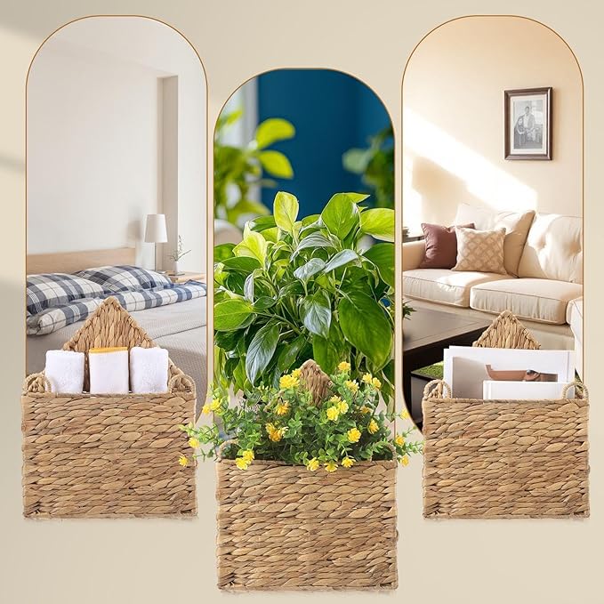 Wicker Magazine Holder Wall Basket Hanging Wall Mount Mail Rack Holder Storage Water Hyacinth House Shaped Woven Hanging Basket for Books & Files with Handle Home Office, 13.8 x 11 Inch