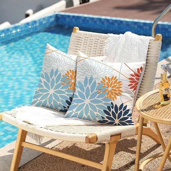 Light blue and Orange Floral Pillow Covers 20x20 Set of 2 Outdoor Waterproof Decorative Throw Pillows Summer Pillow covers Polyester Cushion Case Decor for Couch Patio Funiture Garden Porch 011D20