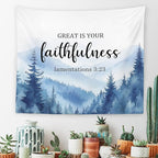 MNASAIOO Christian Mountian Woods Wall Tapestry Hanging for Bedroom, Bible Verse Scripture Great Is Your Faithfulness Tapestries,Blue Watercolor Wall Decor Banner for Living Prayer Room Church 50x60in