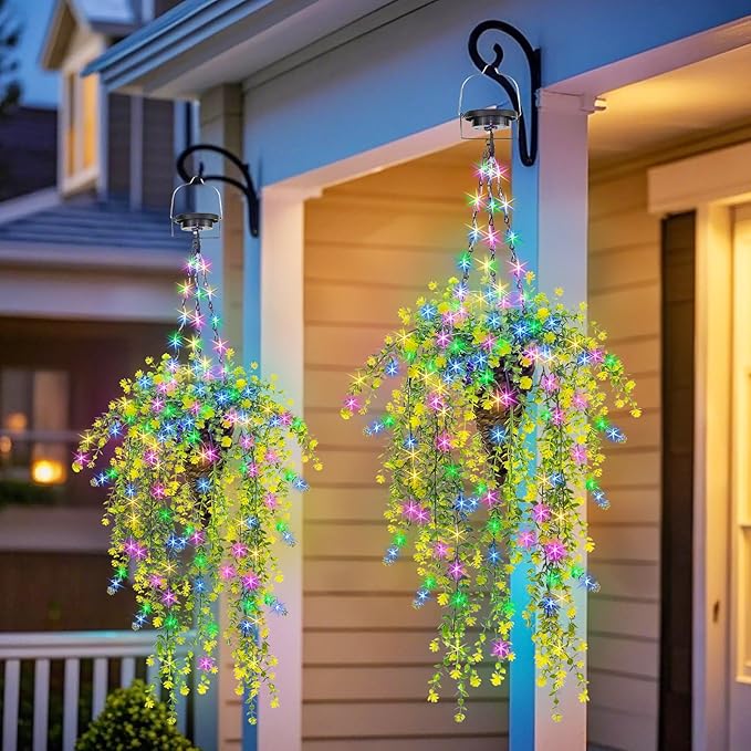 Solar Artificial Flowers Hanging Basket: UV-Resistant Fake Plants Hanging Basket with RGB String Lights for Outdoor Planters - 2 Pack Cone Faux Silk Fowers Basket for Porch Patio Home Garden Decor