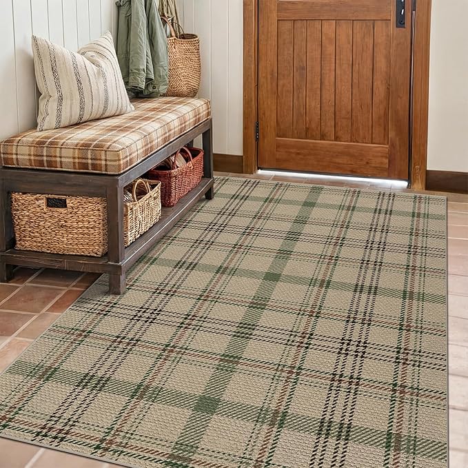 4x6 Easy Jute Large Entryway Rug - Washable Plaid Rug for Small Living Room, Non Slip Farmhouse Decor for Bedroom Bedside, Kitchen, Patio, Porch, Large Foyer Beige & Sage Striped