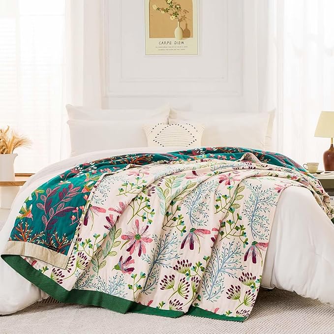 Boho Throw Blanket for Bed, 100% Cotton Soft Rustic Quilt Fall Blanket, 50"x60" Green Floral Printed Farmhouse Decor Bed Blankets, All Season Rustic Reversible Bohemian Throw Quilt