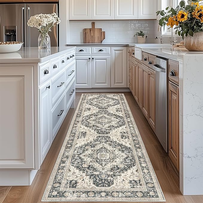 Washable Runner Rug 2.6x8 Runners for Hallways, Ultra-Thin Carpet Runners for Entryway Anti Slip Backing Runner Rugs for Kitchen Laundry Room Indoor Hallway (Black/Beige)